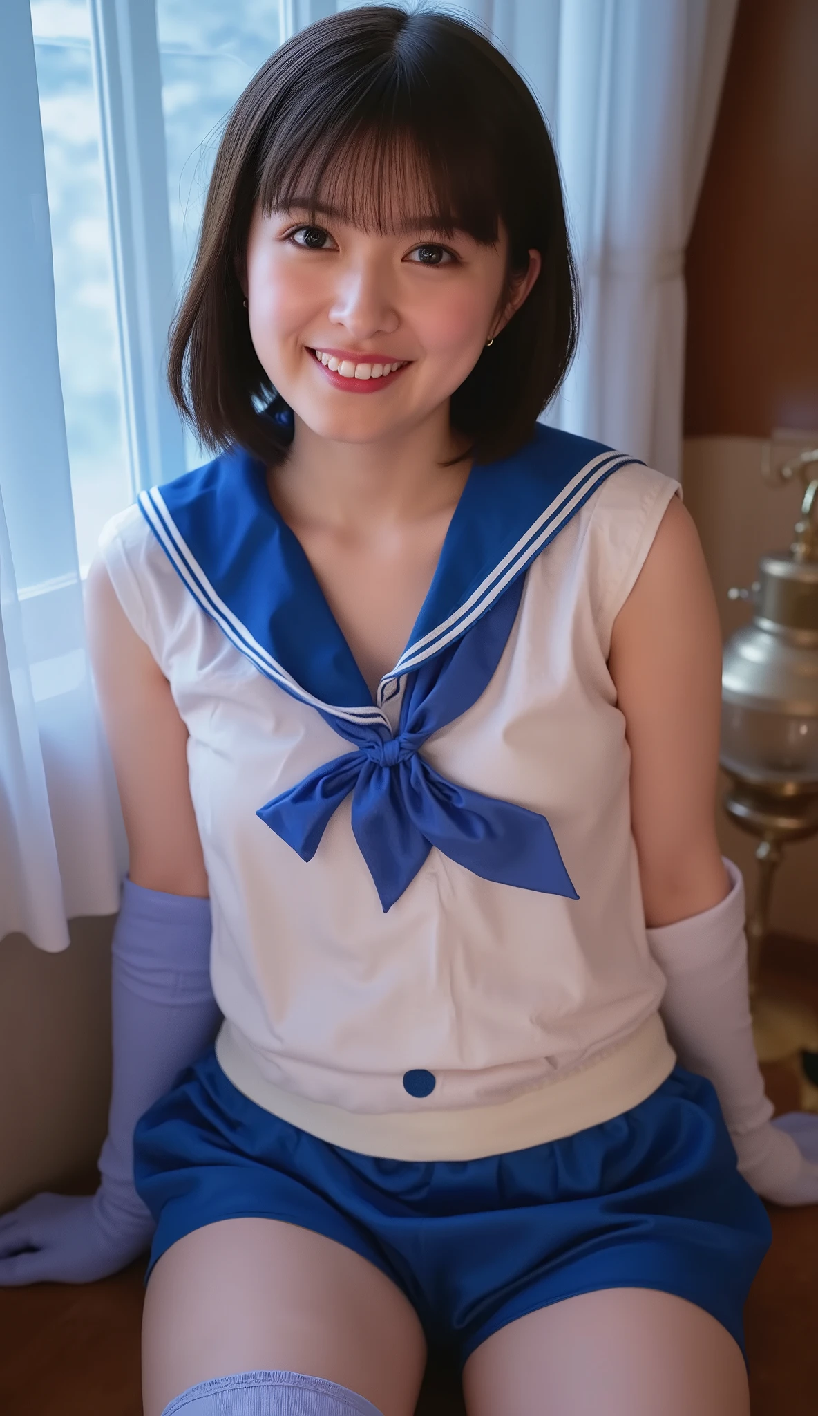 Japanese-style room, Realistic, 8k, healthy, Very cute junior high school student, 耳と首が見えるshort hair, 超short hair, 1 girl, (((Small breasts))), (((Flat Chest))),  short hair, Cute Japanese Girl, whole body, Nipples,  (((Sailor Moon Costume:1.2))), Innocent face, Sensual World,  ((Spread your legs))