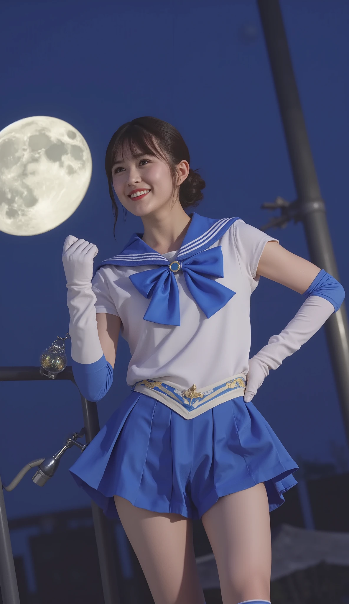 cinematic lighting, super high resolution, masterpiece, accurate, Super Detail, advanced details, high quality, Award-winning, Highestの品質, Highest, 16k, detailed face, Realistic Textured Skin, Sailor Moon, (Sailor Mercury:1.3), Sailor uniform , The background is a full moon, random pose, Actual photo, Lantern, ((short bob)), Unbelievably Big Breasts, blue ribbon on chest , incredible super miniskirt, blue miniskirt fluttering in the wind, sexy underwear is visible from the miniskirt、 blue long boots, white long gloves,sexy thighs、curvy beauty、Waistline