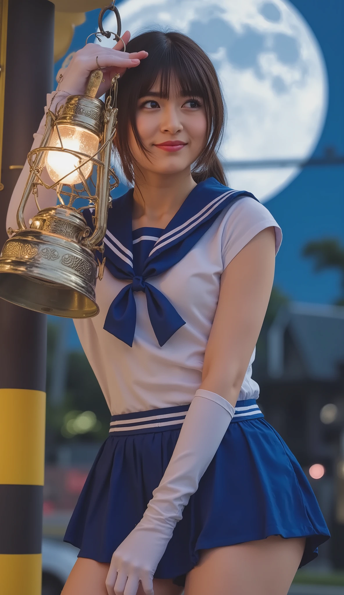 cinematic lighting, super high resolution, masterpiece, accurate, Super Detail, advanced details, high quality, Award-winning, Highestの品質, Highest, 16k, detailed face, Realistic Textured Skin, Sailor Moon, (Sailor Mercury:1.3), Sailor uniform , The background is a full moon, random pose, Actual photo, Lantern, ((short bob)), Unbelievably Big Breasts, blue ribbon on chest , incredible super miniskirt, blue miniskirt fluttering in the wind, sexy underwear is visible from the miniskirt、 blue long boots, white long gloves,sexy thighs、curvy beauty、Waistline