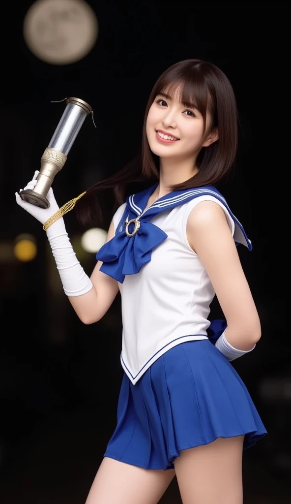 close up, 1 girl, sailor, Tsukino Usagi, (sailor chiseki uniform:1.2), (aquamarine eyes:0.9), by rubio, medium hair, wedge skirt, Best Quality, earrings, masterpiece, High resolution, intricate details, (realist)), Photography, (white elbow gloves:1.1), jewelry, medium breasts, Whole body, dynamic background, dynamic pose, white