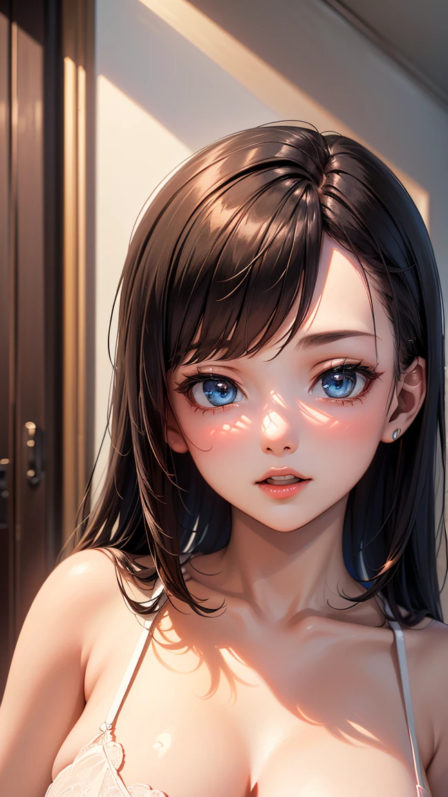 (photorealistic:1.4), (masterpiece, side dim light, finely detailed beautiful eyes: 1.2), masterpiece*portrait, realistic, 3d face, Stelle \(honkai star rail\), 1girl, white oversize T-shirt, bare shoulder, universe, rail, bangs, blush, shy, lustful eyes, medium long hair, looking at viewer, gasp, medium breasts