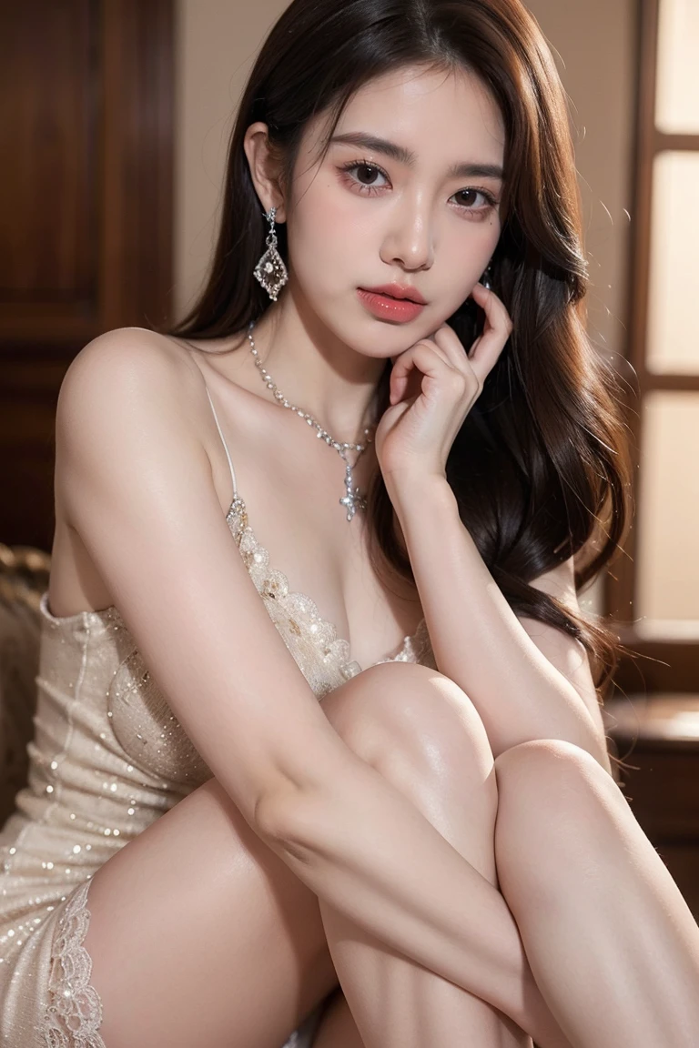 Top CG, Highest image quality, masterpiece, Gentle beautiful girl, (185cm美女), (fit), Imperial sister, Queen temperament, White skin, ((Long legs)), perfect facial features, Bright Eyes, Seductive pose, Red lips, Beautiful and cold (A major breakthrough)), Beautiful and heroic, Soft and long hair, sparkling, Lace, net, Visible through clear skin, wear glasses, diamond earrings, ruby neckLace, (evening dress), 8K Image Quality, (Realistic Portraits), Characters fill the screen, (Facial lighting), ((Everlasting)