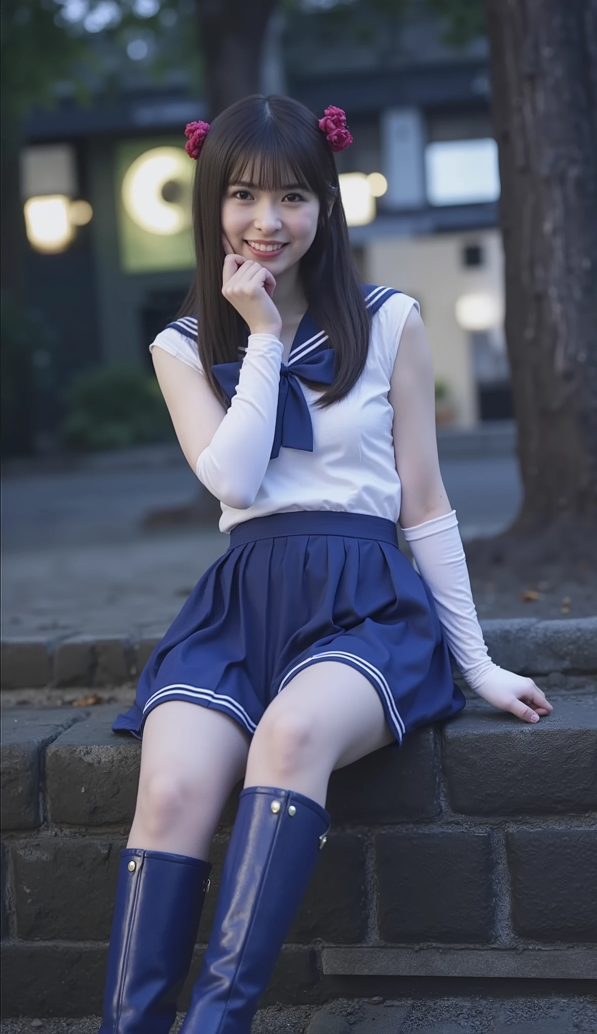 cinematic lighting, super high resolution, masterpiece,  accurate, Super Detail, advanced details, high quality, Award-winning, Highestの品質, Highest, 16k, detailed face, Realistic Textured Skin, Sailor Moon, (Sailor Mercury:1.3), Sailor uniform , The background is a full moon, random pose, Actual photo,  Lantern, ((short bob)),  Unbelievably Big Breasts,  blue ribbon on chest , incredible super miniskirt, blue miniskirt fluttering in the wind, sexy underwear is visible from the miniskirt、 blue long boots, white long gloves,sexy thighs、 beautiful feet、long legs