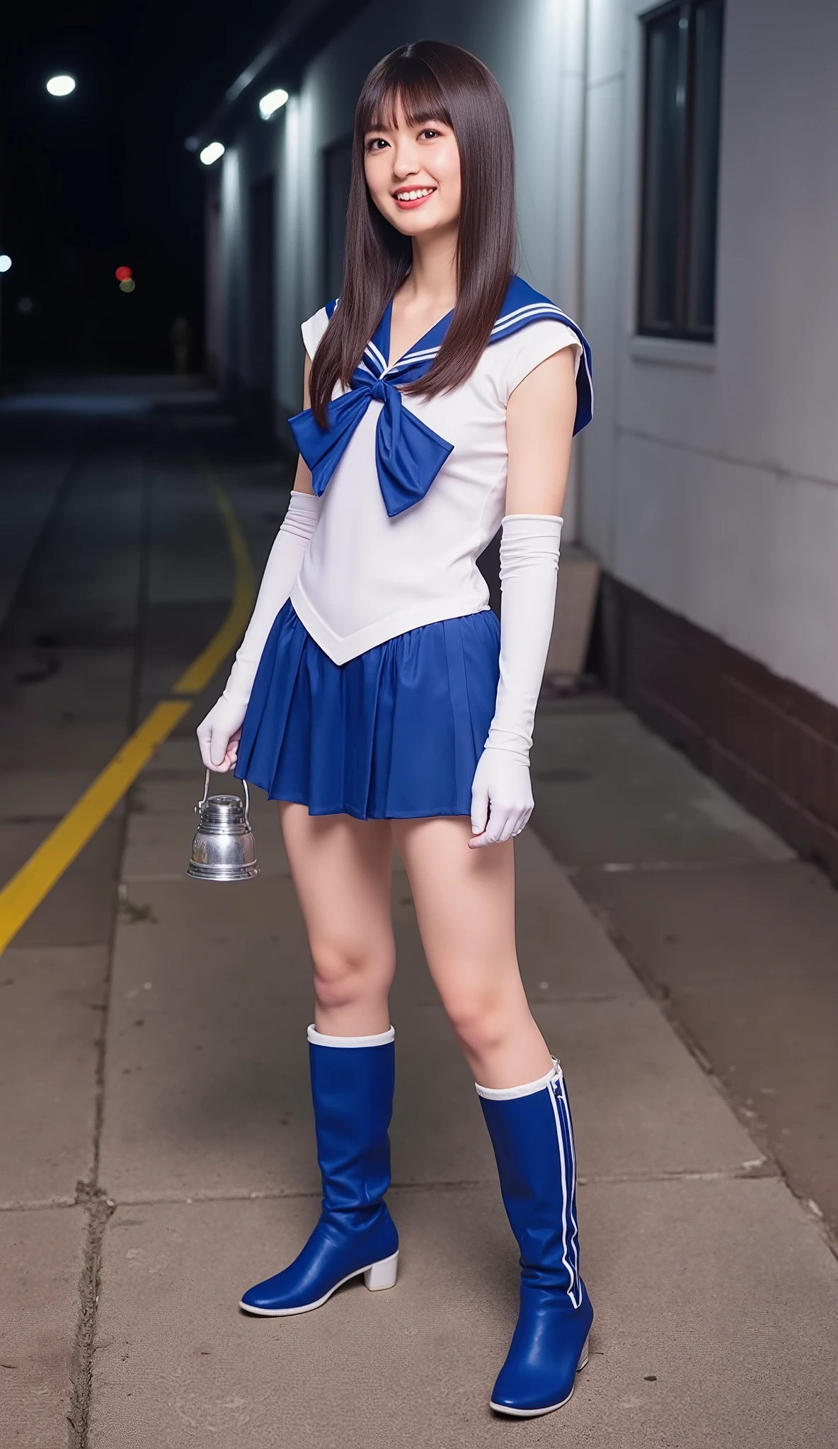 cinematic lighting, super high resolution, masterpiece,  accurate, Super Detail, advanced details, high quality, Award-winning, Highestの品質, Highest, 16k, detailed face, Realistic Textured Skin, Sailor Moon, (Sailor Mercury:1.3), Sailor uniform , The background is a full moon, random pose, Actual photo,  Lantern, ((short bob)),  Unbelievably Big Breasts,  blue ribbon on chest , incredible super miniskirt, blue miniskirt fluttering in the wind, sexy underwear is visible from the miniskirt、 blue long boots, white long gloves,sexy thighs、 beautiful feet、long legs