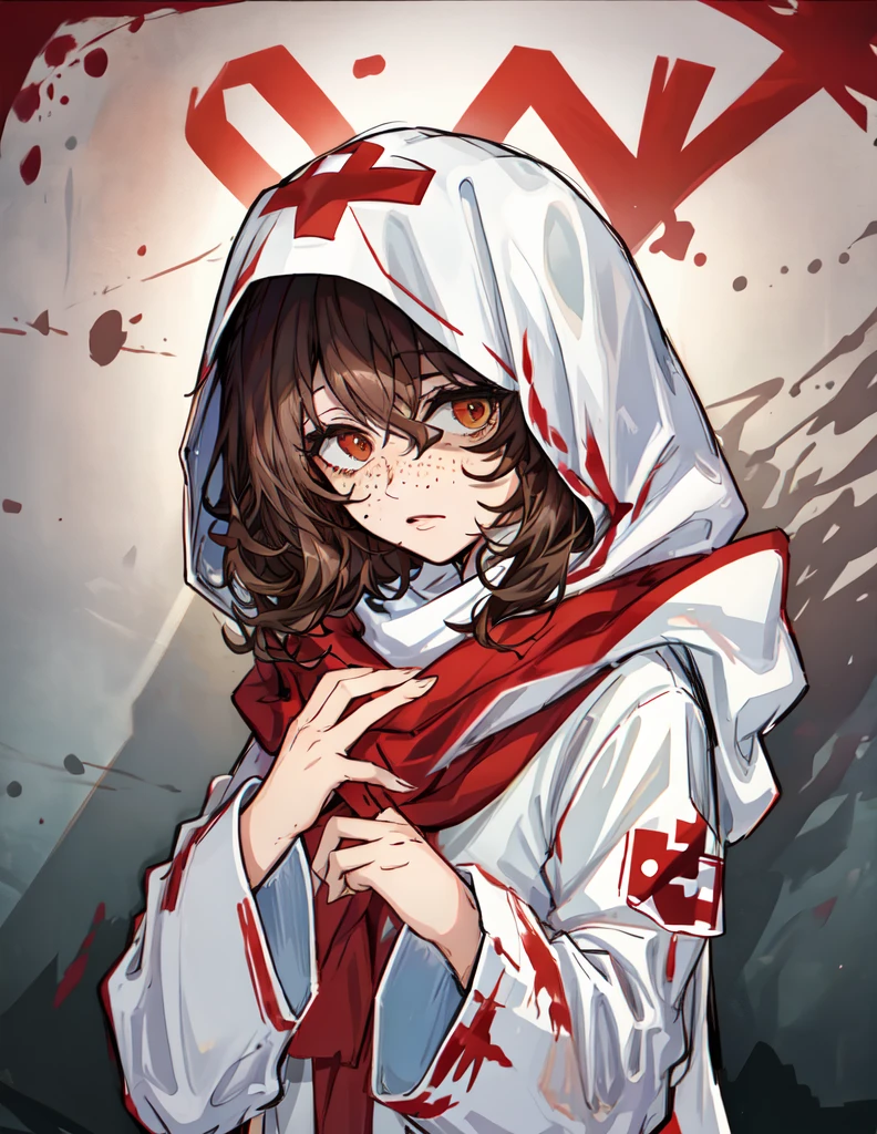 sfw comic style drawing of a girl with ((freckles)) and curly brown hair wearing a white robe with a large hood with a red cross on it and a white scarf, <lora:Amy:0.5>, blood spatter in background