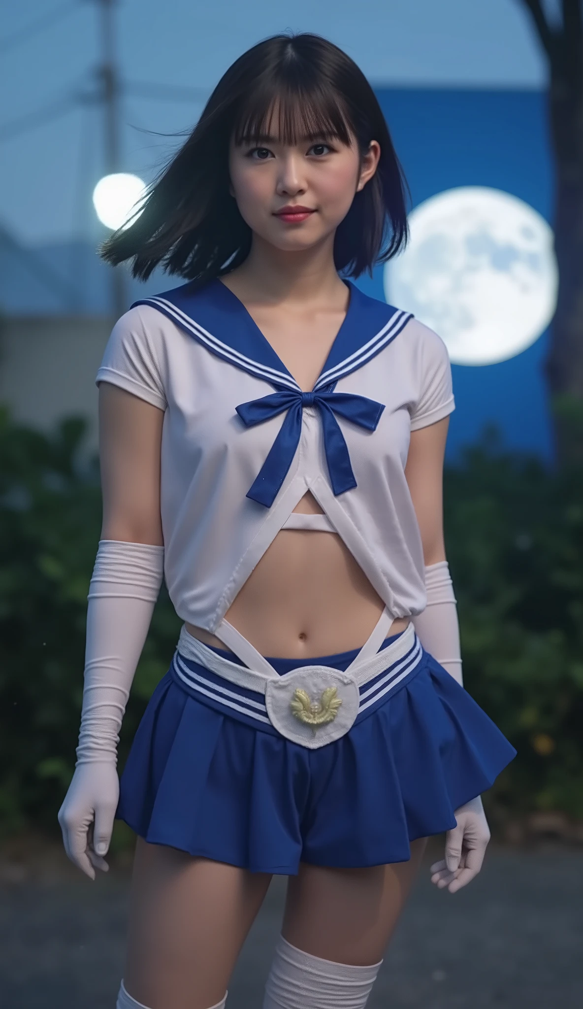 cinematic lighting, super high resolution, masterpiece,  accurate, Super Detail, advanced details, high quality, Award-winning, Highestの品質, Highest, 16k, detailed face, Realistic Textured Skin, Sailor Moon, (Sailor Mercury:1.3), Sailor uniform , The background is a full moon, random pose, Actual photo,  Lantern, ((short bob)),  Unbelievably Big Breasts,  blue ribbon on chest , Incredibly super miniskirt, blue miniskirt fluttering in the wind, sexy underwear is visible from the miniskirt、 blue long boots, white long gloves,sexy thighs、 beautiful feet、long legs