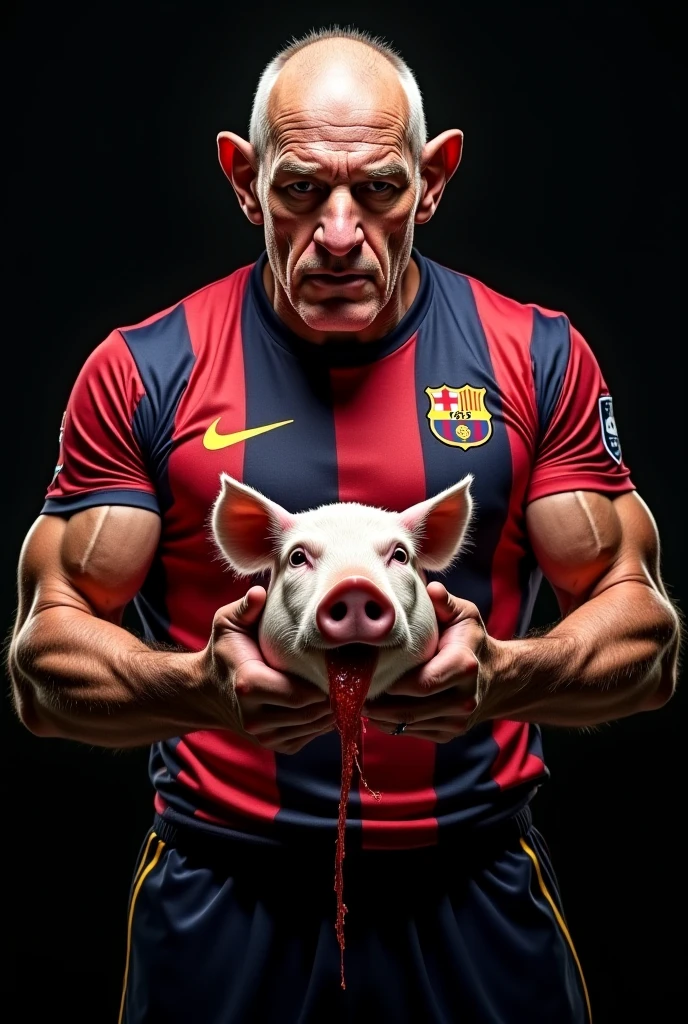 A very strong person in a gym with a pig face (animal) sound. With a tattoo on the chest that is the FC Barcelona shield (Barça) and another one that said I LOVE PWC