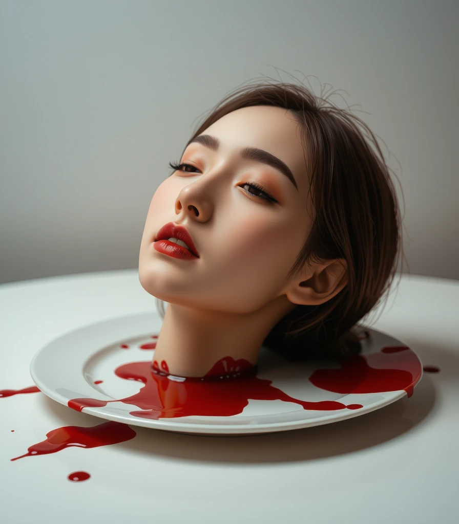 decapitated female head on a plate, covered in flesh, full of blood, ((eyes closed)), served like a food dish, bloody, photorealistic, 4K, Nikon, horror, ahegao face,