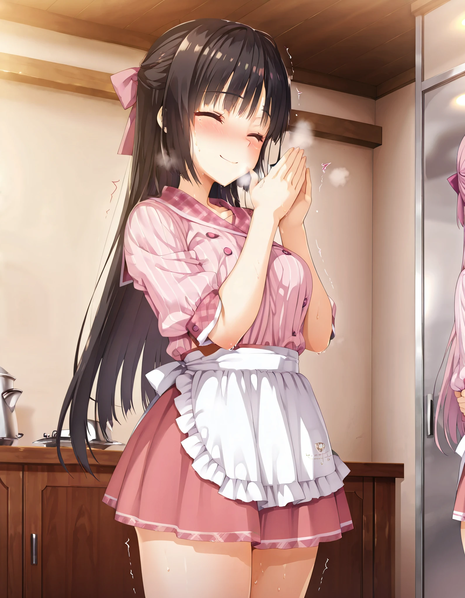 ( masterpiece, top quality ), so beautiful, absurd, Extremely Detailed CG Unity 8k Wallpaper,
One Girl , anime style 4k ,High Quality Anime Art Style Familiar with Digital Animation Art , Anime Art Wallpaper 8K , allows depth of field , perfect hands with full nudity, great references, 5_reference, 4_reference,1_ Parent reference ,
shiki natsume, Cafe Stella to Shinigami no Chou, Muririn,
very long hair, black hair, hair bow, bangs, blunt ends, yellow eyes, mole under eye,
waitress, pink shirt, striped shirt, vertical stripes, plaid sailor collar, Pink miniskirt, pleated skirt, pink plaid skirt, thighs, long sleeves, puffy sleeves, waist apron,
(standing:1.1),
(out of breath,heavy breathing,:1.5),(smile、close eyes、blush:1.5),(trembling:1.4),(steam:1.4),(sweat skin,sweat:1.4),
Cafe、indoors、