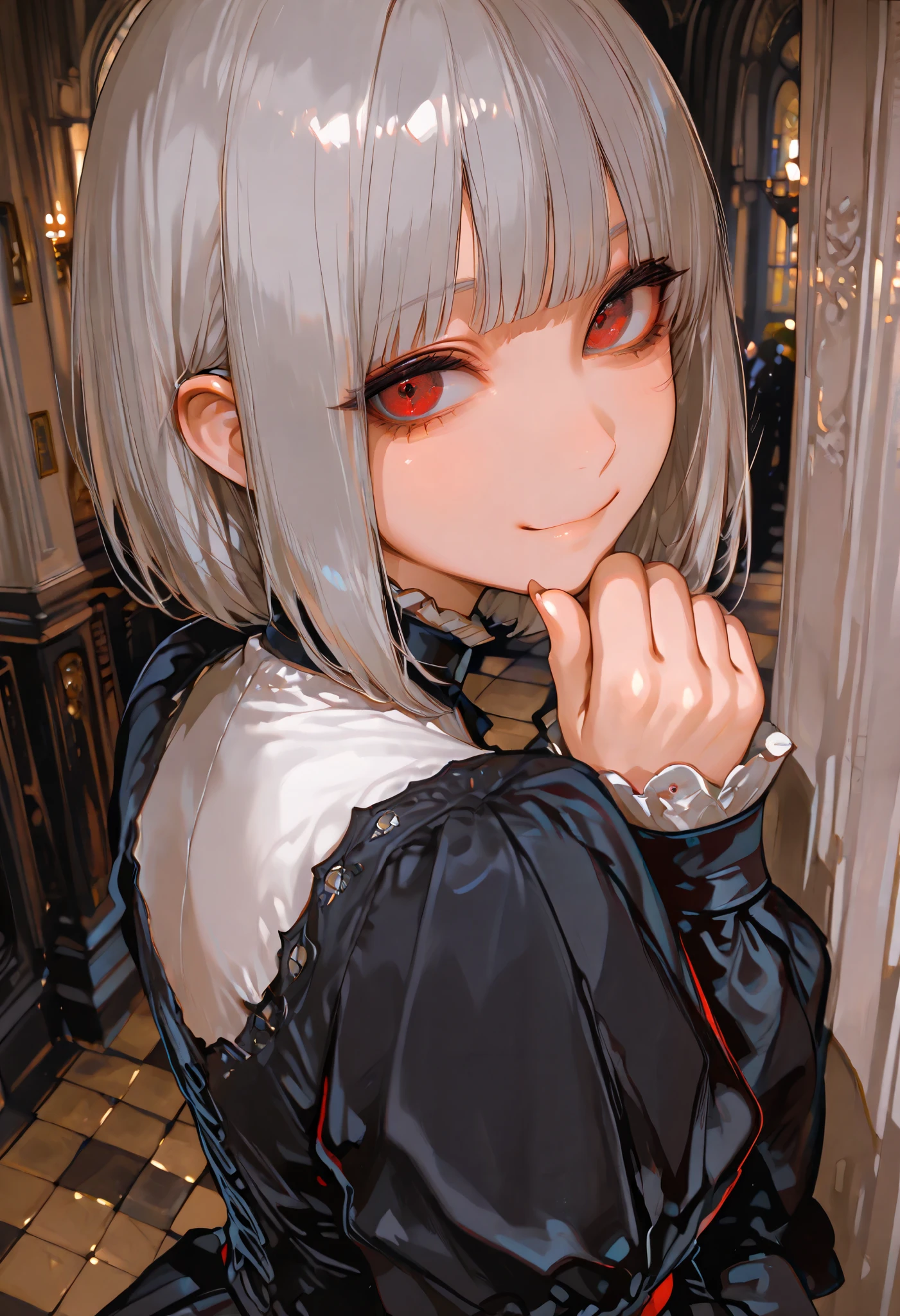 (masterpiece:1.3), (8k、best quality:1.3), (1 girl), (Alone), (cute, little:1.3), (very cute face:1.3), (beautiful faces with perfect symmetry), (perfect anatomy), ( High Detail Skin ), Anime girl rendering , Beautiful silver bob cut, Dark red eyes , Strong eye emphasis, (Gothic Fashion), ( vampire Dracula ), ( Gothic Architecture ), (Vampire girl standing in the center of the hall ), (bats flying around the girl),  bat-shaped accessories ,  looked back , smile,   smiling with their hands covered , upper body closeup, Volume Lighting, Soft light,  bright, neon,  bright色, , create digital art in pop art style