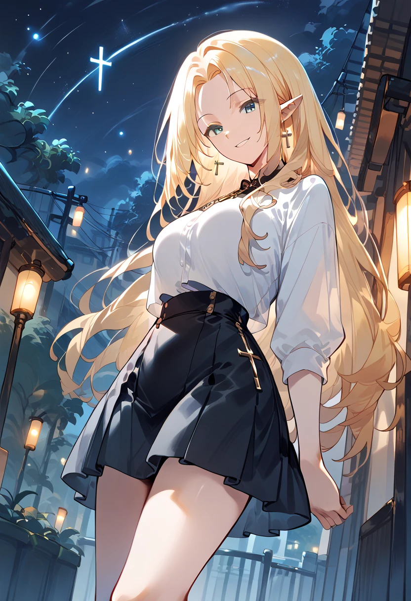 realistic image, detailed image, coherent image, 1 beautiful elf, she has very long hair, blonde hair, her eyes are blue, smiling expression. She is wearing a long-sleeved t-shirt, showing her navel, a pleated miniskirt with plaid, She has a curvy body, large breasts and thick thighs, She is posing sensually, arching her back, medieval setting, surrounded by a park, surrounded by flowers, castle background, Soft focus, Dramatic shadows, Volumetric lighting, natural lighting,