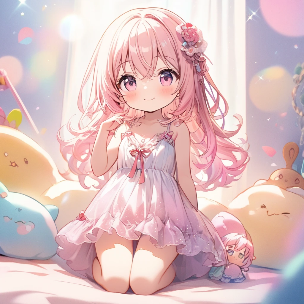 (pastel background), patterned background, (small doodles everywhere), cute hearts, stars, butterflies, cute girl, colorful gradient dress
