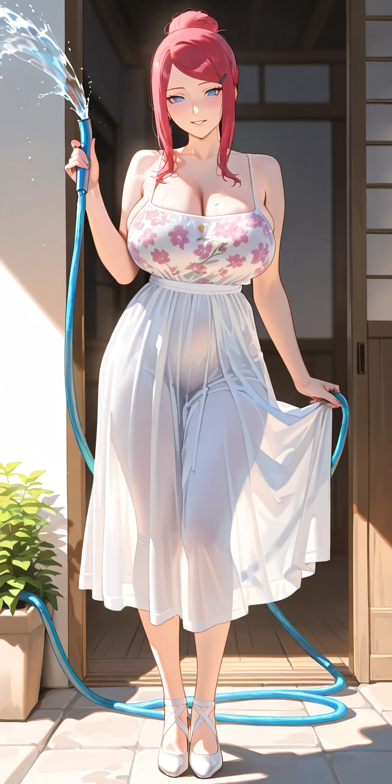 masterpiece, best quality, roxanne, dog ears, fluffy dog ears, collar, sundress, looking at viewer, garden, autumn, sunset, large breasts, ass, smile edgYSD, woman wearing a sundress, very voluminous very fluffy very long dog tail, dog tail starts immediately above butt, dog tail starts from skin, entire dog tail visible, short hair, bloomers, flushed skin, blushing face, red cheeks, lewd smile, slightly open mouth, gravure, pinup, very long legs, no ears, open-back dress