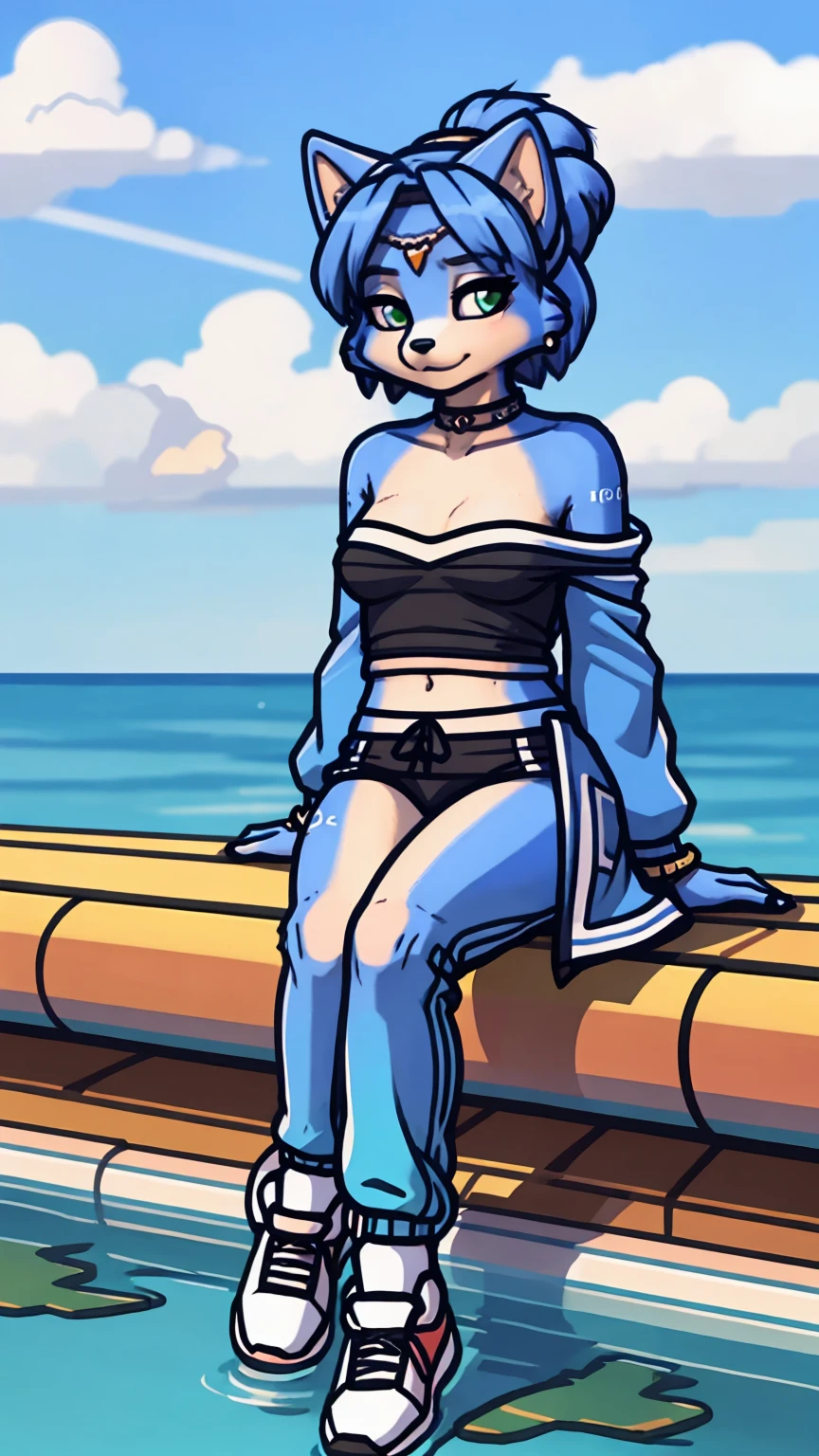 <lora:MichiruKagemoriBrandNewAnimal3:1>, Michiru Kagemori (Brand New Animal), tail, red jacket, <lora:art_by_dagasi:0.6>, art by dagasi, white bikini with light blue stripes, big breasts, flushed, beach, smile