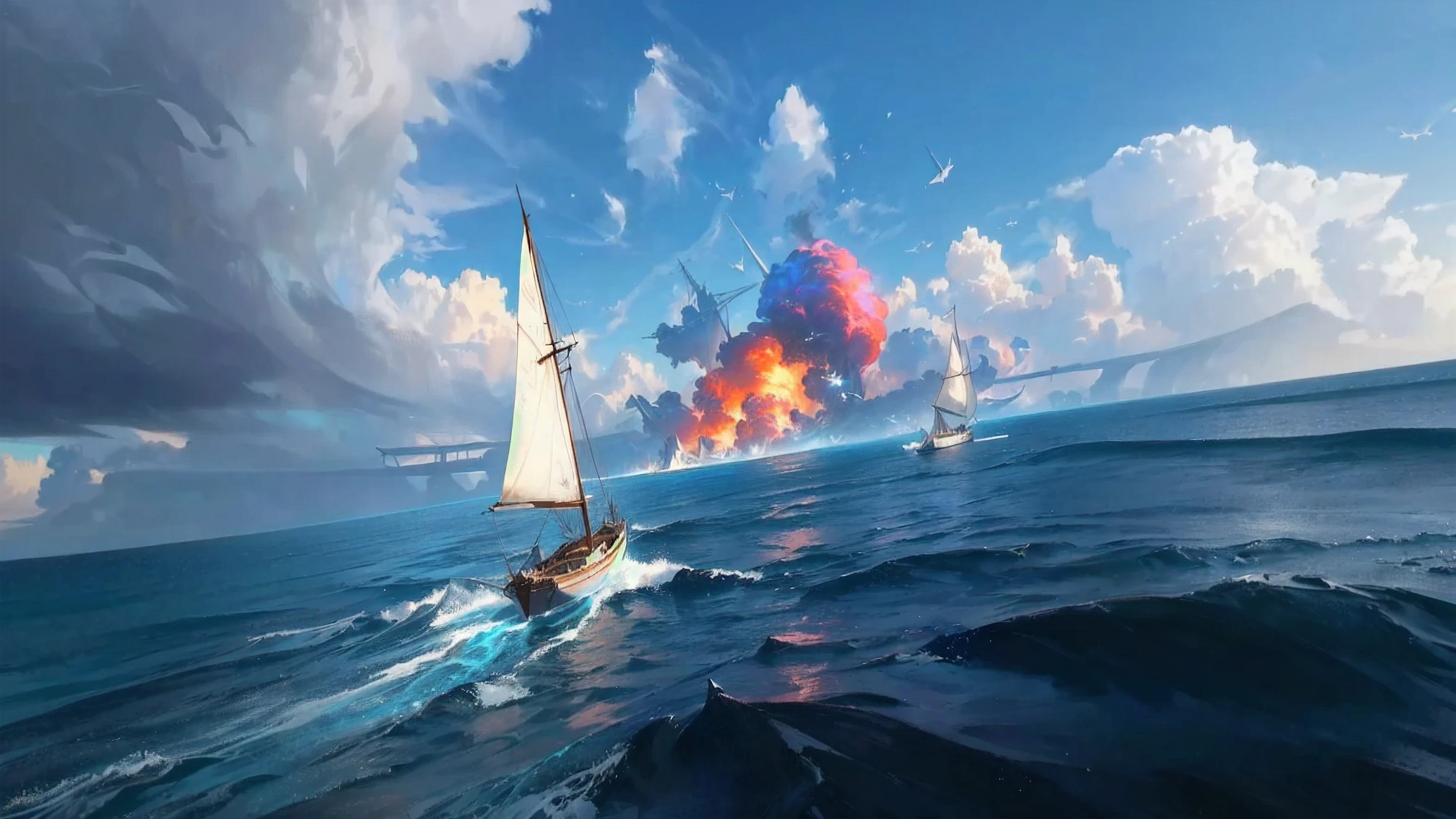 there are two boats in the water with a lot of smoke coming out of them, jessica rossier fantasy art, by jessica rossier, epic surrealism 8k oil painting, 4 k hd illustrative wallpaper, amazing wallpaper, surrealism 8k, greg beeple, 4k highly detailed digital art, flying ships in the background, 3 d epic illustrations
