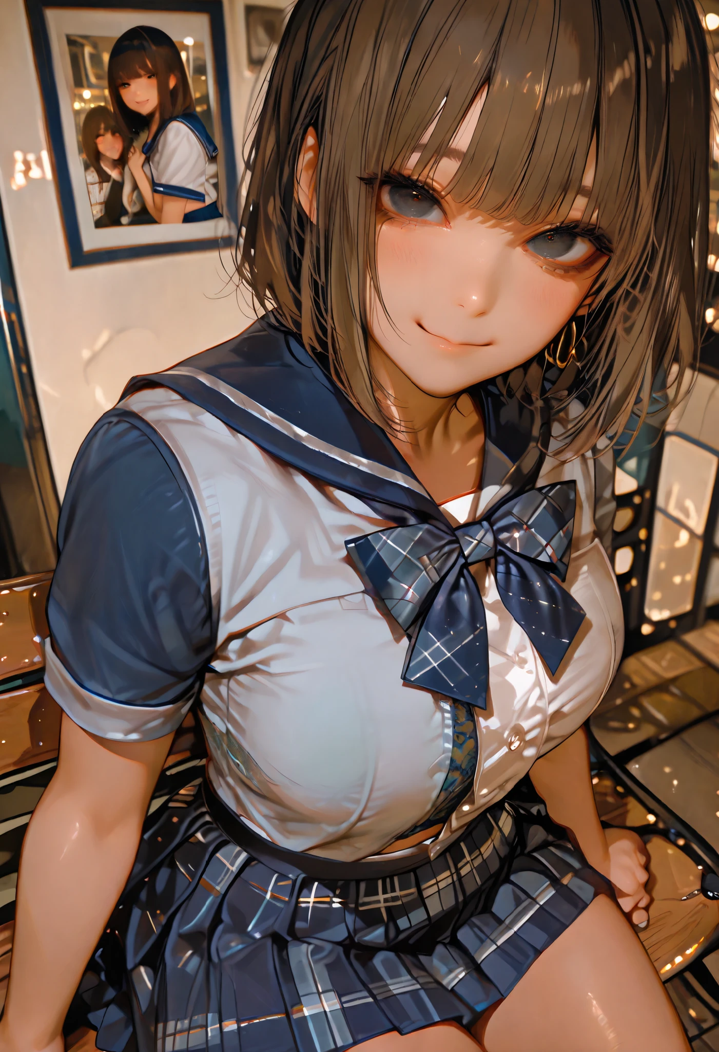 (masterpiece:1.3), (8k、realistic, RAW photo, Top Quality:1.2), (alone), (girls1人), (cute:1.3), (とても美しい日本のgirls),  Perfect Symmetrical Face,   let me eat 、 nice smile, 赤い頬, (detailed skin: 1.2), realistic anime girl rendering, realistic anime 3D style,  beautiful brown bob cut , Photorealistic anime girl rendering with sharp black eyes , Strong eye emphasis, (Accurate and natural medium sized breasts ), perfect anatomy, messy hair, (sailor suit), ((navy blue white short sleeve shirt, girls&#39;  High School ,  navy pleated skirt, navy blue plaid bow tie)), (luxury silk bra and panties), Accurate Arm, sex, Accurate legs, , (beautiful landscape background), (downtown), On the bench, get up, Volumetric Light, Soft light,  bright, neon,  bright色