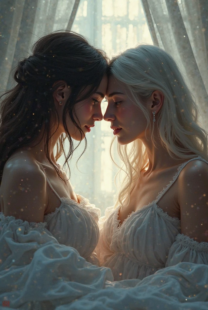 a woman crying while looking to her younger self 
