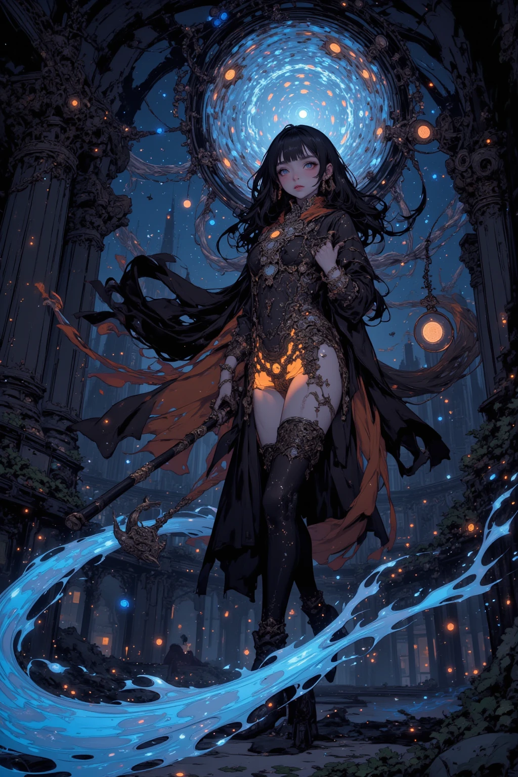 black-haired princess, (wears black princess clothes, and a black cape with gold details: 1.5) (white and slightly torn tights, and black boots on her feet), (has golden horns on her hood), ( a gold chain around it: 1.5), (has a long black tail with subtle gold details) (her eyes are closed and has a red outline) She is located in an open temple and in the sky there is a golden moon . Best quality, 4K, 8K, High resolution, Masterpiece: 1.2), Ultra-detailed, Exquisite facial features, expressed details, Graceful, expressive brushstrokes, mystical environment, Artistic interpretation, tangled straight hair, exquisite details, Stunning intricate costumes, illustration fantasy, subtle colors and tones, details have been updated, medieval princess, heaving breasts