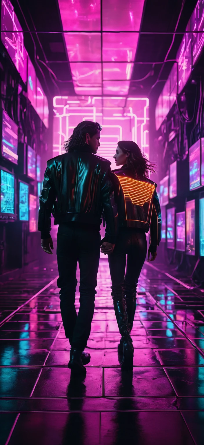 create cyberpunk style art with people dancing to techno music with headphones