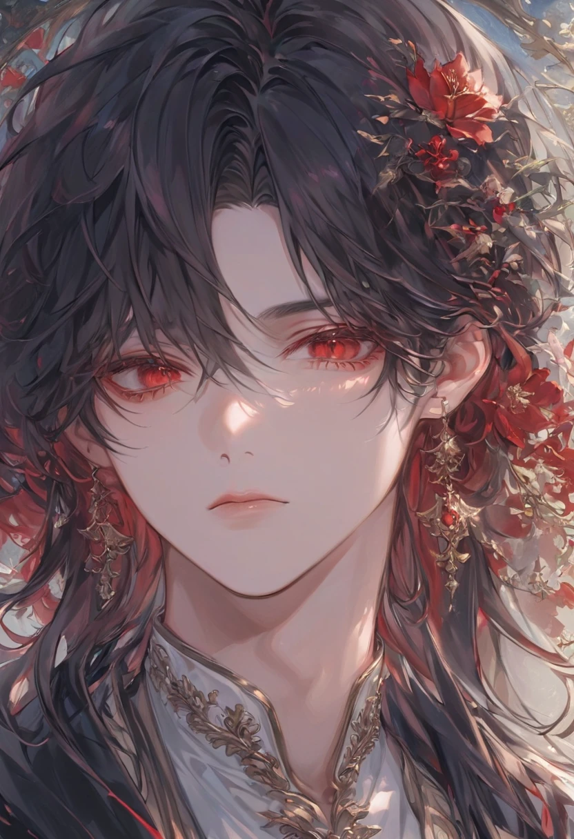 "A hyper-detailed, ultra-high-definition anime-style illustration of a male character. He has long, silky black hair that reflects light, creating delicate highlights and intricate strands that flow naturally. His deep red eyes shimmer subtly, giving them an intense yet melancholic glow. His sharp facial features include high cheekbones, a well-defined jawline, and slightly parted lips, exuding a refined yet sorrowful aura. His gaze carries an unspoken sadness, hinting at a tragic past. The lighting is soft and atmospheric, enhancing the contrast between his dark hair and pale skin, with a modern, elegant touch to his appearance