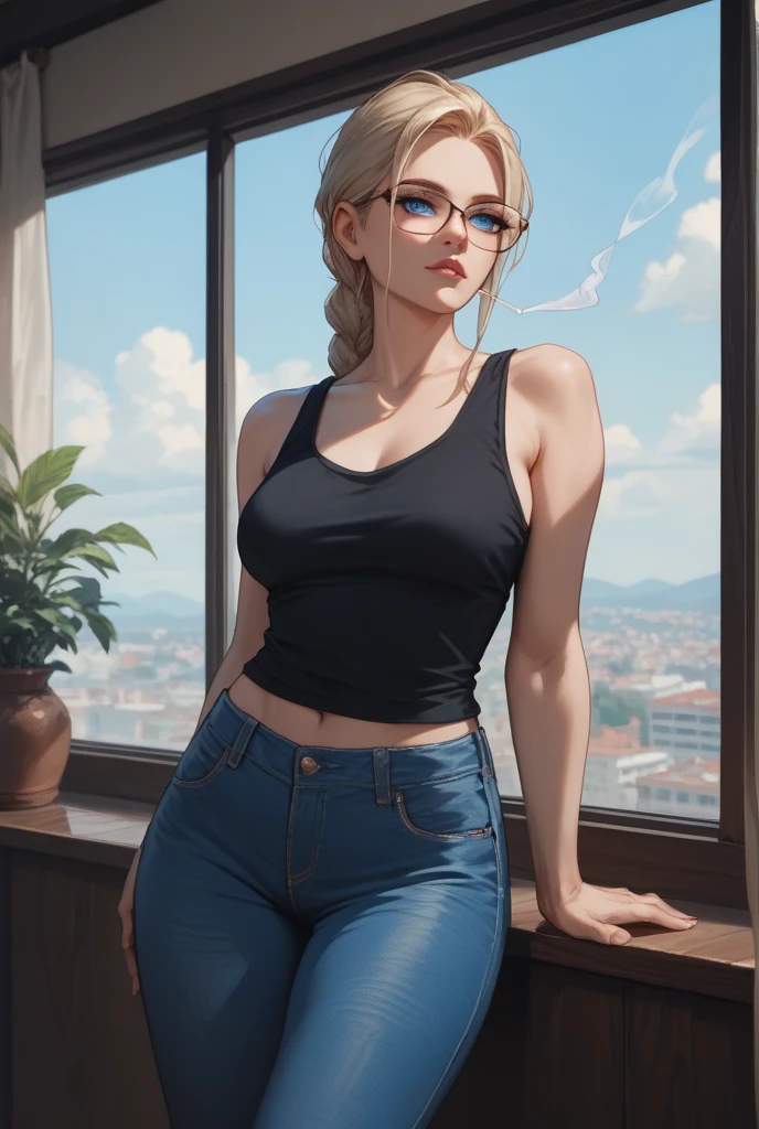 1 girl, blue eyes, glasses, mature face, blue tank top, knee pants, bluesea hair, outdoor, rainy day, realistic, ultra detailing
