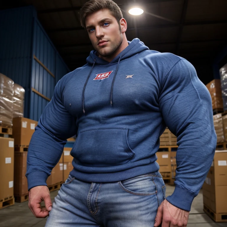 a very handsome young man, simple blue sweatshirt with long sleeves and black shorts, extremely handsome, very muscular, with very large muscles, defined and muscular body, sitting on a sofa