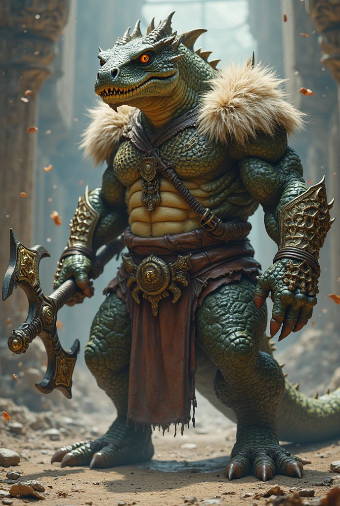 A BLACK DRAGONBORN WITH DRAGON FACE IN CHAINMAIL ARMOUR A WARHAMMER AND SHIELD
