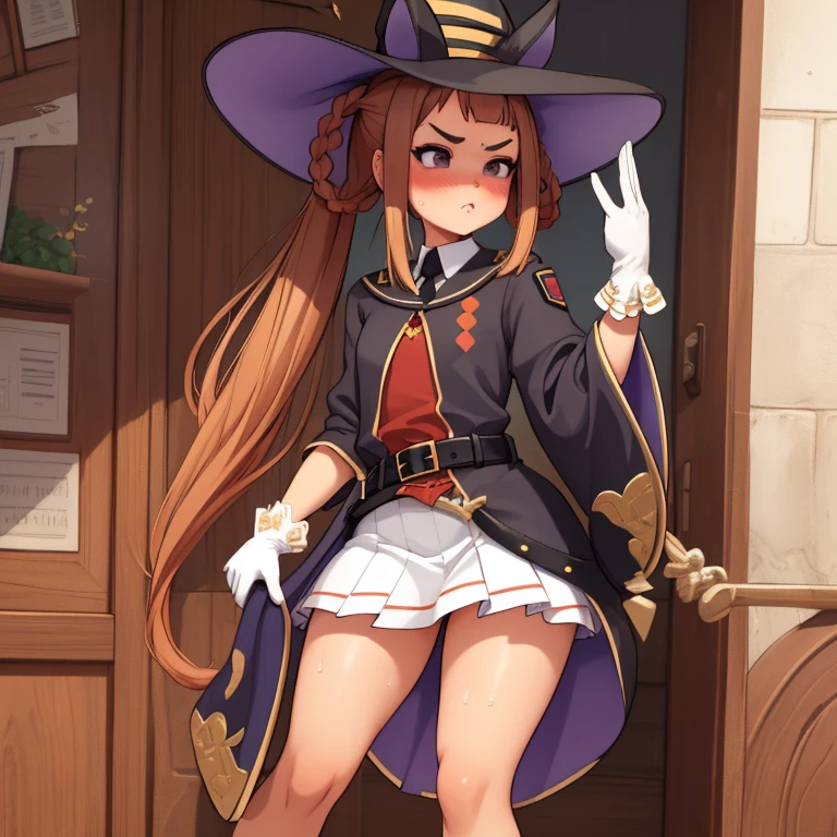 masterpiece、top-quality、Best-aesthetic、ultra-detailliert、Sweep Tosho\(Umamusume\)、witch's hat、Black hat、Black tie、shirt with collar、Red Shirt、white glove、Wide sleeves、Black jacket、black robes、buckles、a belt、White skirt、pleatedskirt、black thighhighs、Thigh boots、high heels boots、sitting on、pantyshot、POV crotch、white panties、crotch seam、Slouched、feet crossed、nice hand、(Girl is leaking pee)、My crotch is wet、is crying、My cheeks are dyed red、red blush、Crying、Classroom