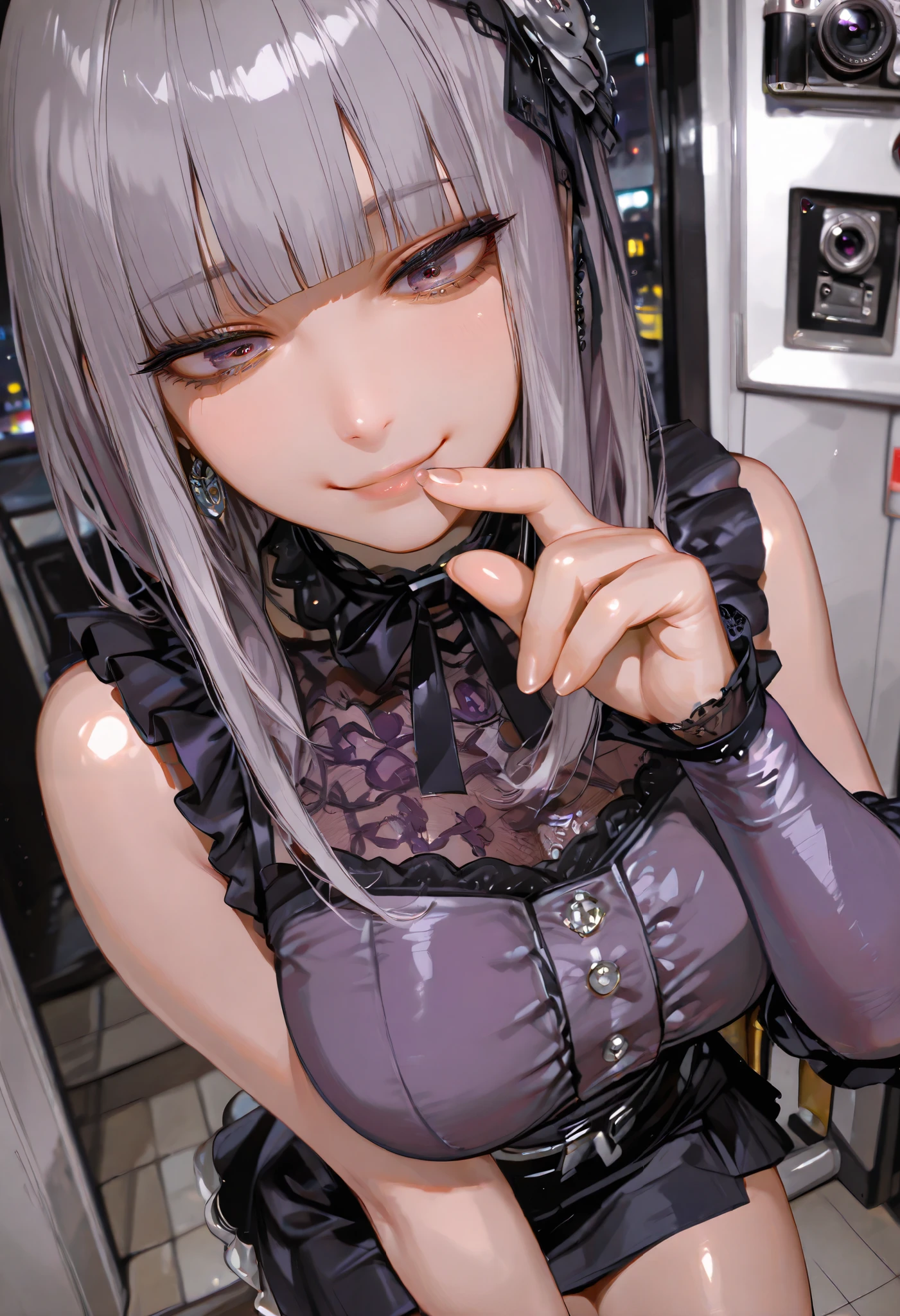 (( software ,  masterpiece,  top quality ,  required items,  top quality , Highest Level,  Best image quality taken by Ki)),  realistic , (live action,  complicated details), 1 girl, (  Gothic girly girl  ),  beautiful shiny black long hair,  beautiful shiny white long hair  , ( purple mesh hair :1.2),  blunt bang, Flashy Hair,  purple eyes,  beautiful eyelashes, (cute:1.3), (( lip gloss)), (Natural Breasts,  Big Breasts ), ( High Detail Skin :1.2), ( perfect anatomy), (Accurate Arm,  exact finger:1.3),  beautiful model , facing straight to camera,  Align your hands next to your body , ( gray and white Jirai fashion :1.6),   Delicate Embroidered Dress ,  Black lace decoration  , ( black miniskirt ), frills, ribbons,  Silver Accessory ,  silver earrings , smile, (  camera angle looking down from above), ([perfect pose), (  Gothic girly girl  ),  Cyberpunk,  Dark Night City , smile
