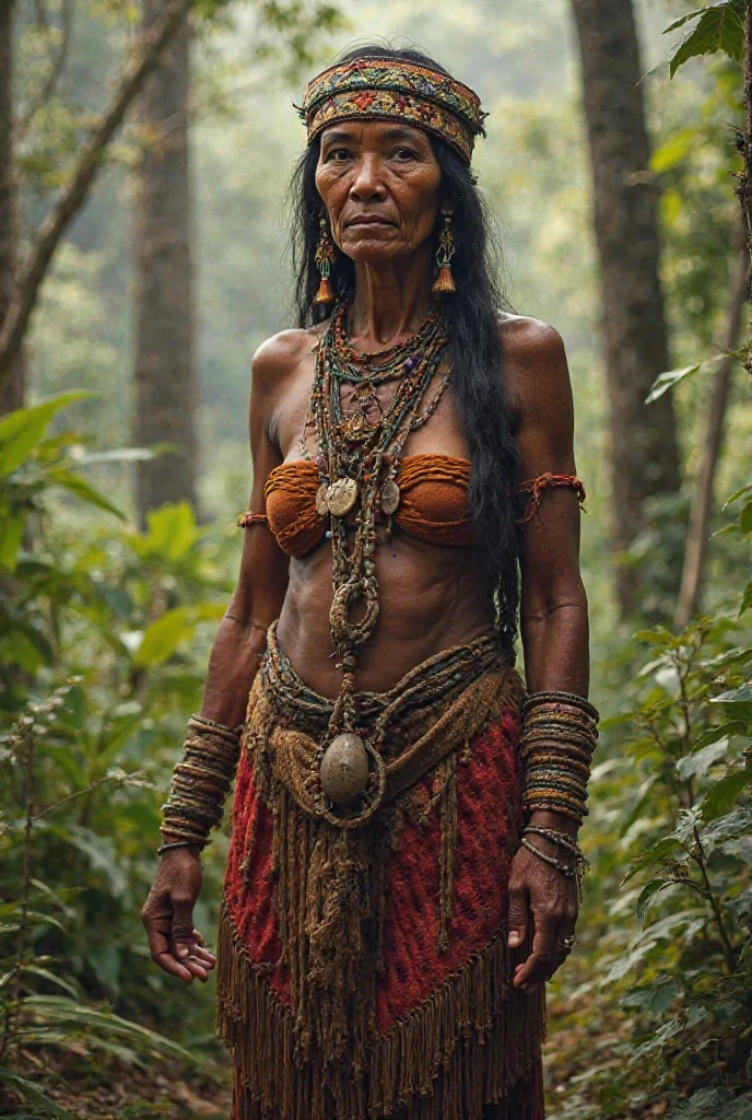 Vieille Charlatante africaine traditionnelle guerrière très effrayante avec plusieurs idoles 
