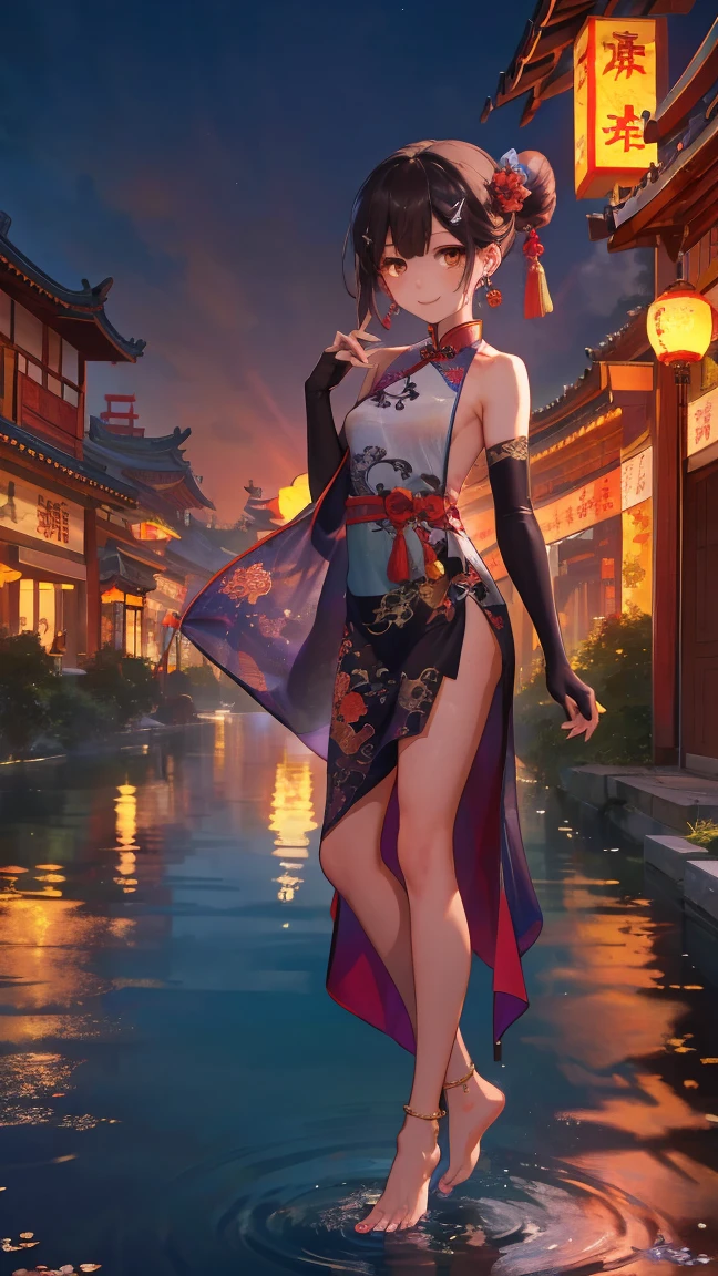 best quality,official art,extremely detailed CG unity 8k wallpaper, (wide shot),1girl, (Miyu Edelfelt),loli,black hair,brown eyes,seductive smile,nsfw, barefoot, see-through dress, butterfly, butterfly hair ornament, backless dress, chinese clothes,sleeveless, double bun,golden dragon print,bare foot,full moon,elbow gloves,hair bun, hair ornament,jewelry,earrings,bead anklet,slim legs,nail polish, small breasts, solo, toenail polish, toenails, toes, twintails,outdoor,Chinese style architecture, Chinese style, lake, ancient town, beautiful and meticulous water,the red lantern,fireworks,