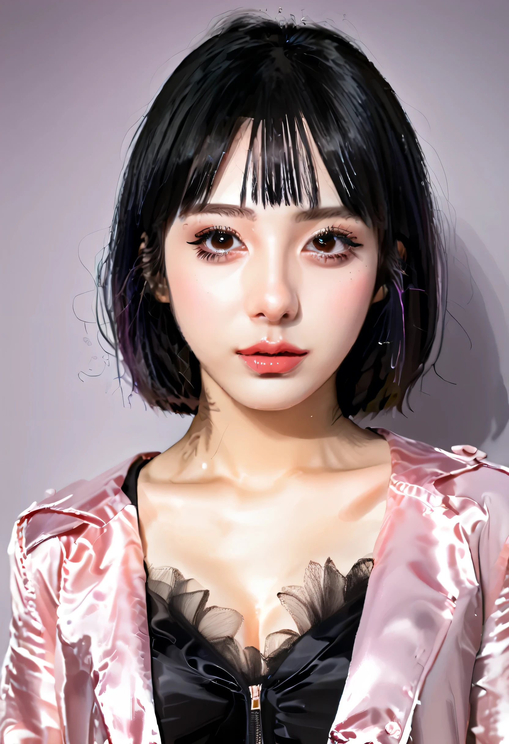 realistic, perfect face, black hair, (hime cut hair), black eyebrows, thin eyebrows, brown eyes, black eyeliners, nose, normal lips, pink lips, beautiful face, collarbone, cleavage, medium breasts, black jacket, ((look at viewer))