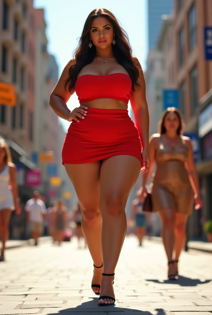 3 Fatgirls , fat body , thick body , thick waist and thick hips , , soft curvy body sape , thick hips , widest hips ,smooth whight skin , round face , red lips , smile , long brown stable heir , long lage, red shoes large breasts, large hip, one hand in pocket , Yallow long shorts, full body view long distance camera angle , shiny dress Face around back side , hip on front on camera , environment beatch night city multiple people walking Crowd , 4k quality