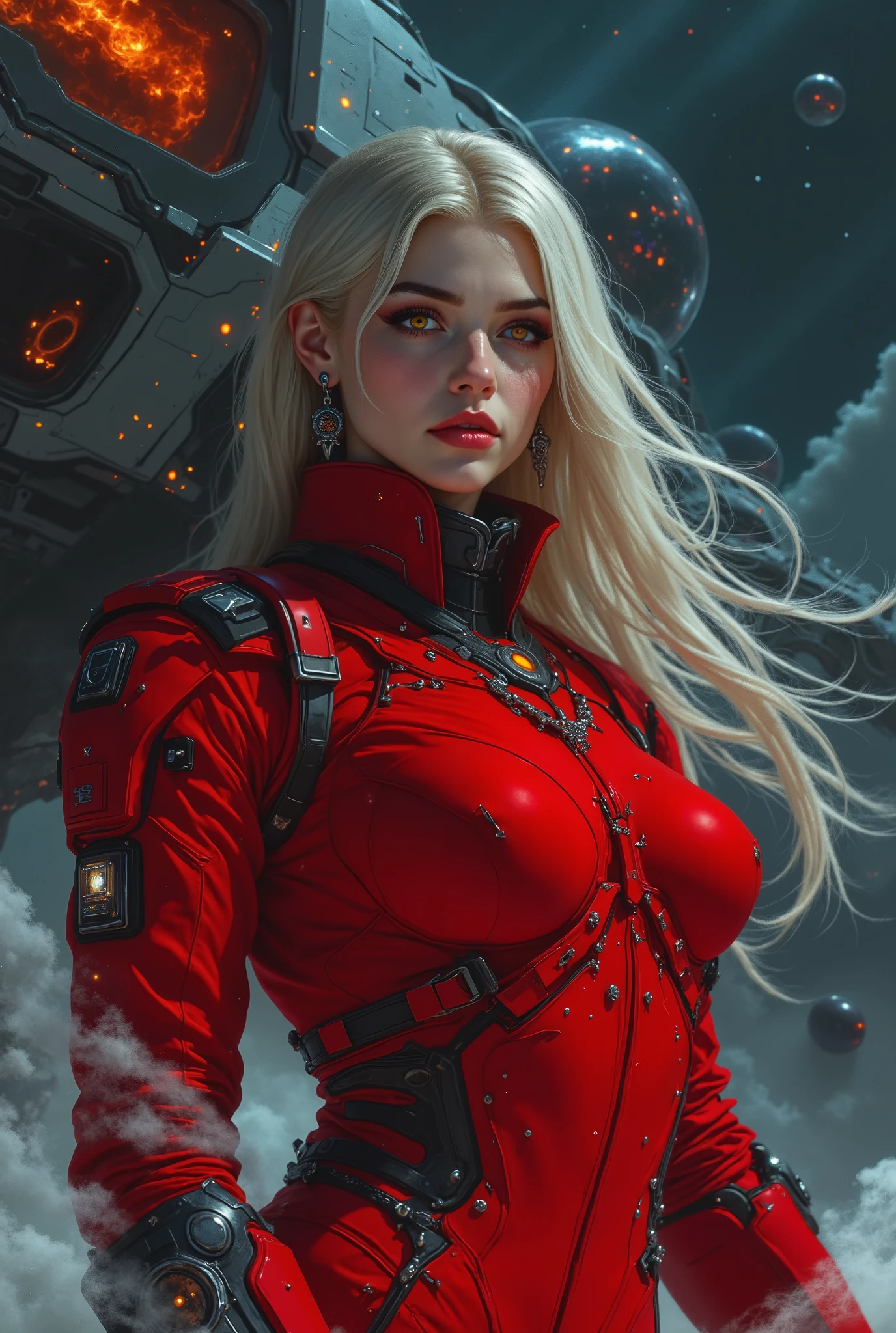 a woman with golden white hair, beautiful detailed eyes, beautiful detailed lips, extremely detailed face, long eyelashes, wearing a matte red space suit, standing in front of a space battleship in a galaxy, (best quality,4k,8k,highres,masterpiece:1.2),ultra-detailed,(realistic,photorealistic,photo-realistic:1.37),concept art,sci-fi,cinematic lighting,dramatic colors,vivid colors