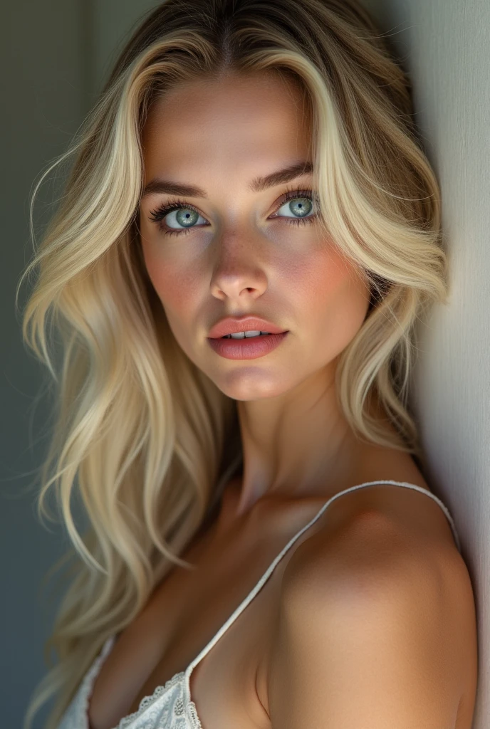 Pretty blonde in bra and light jacket 