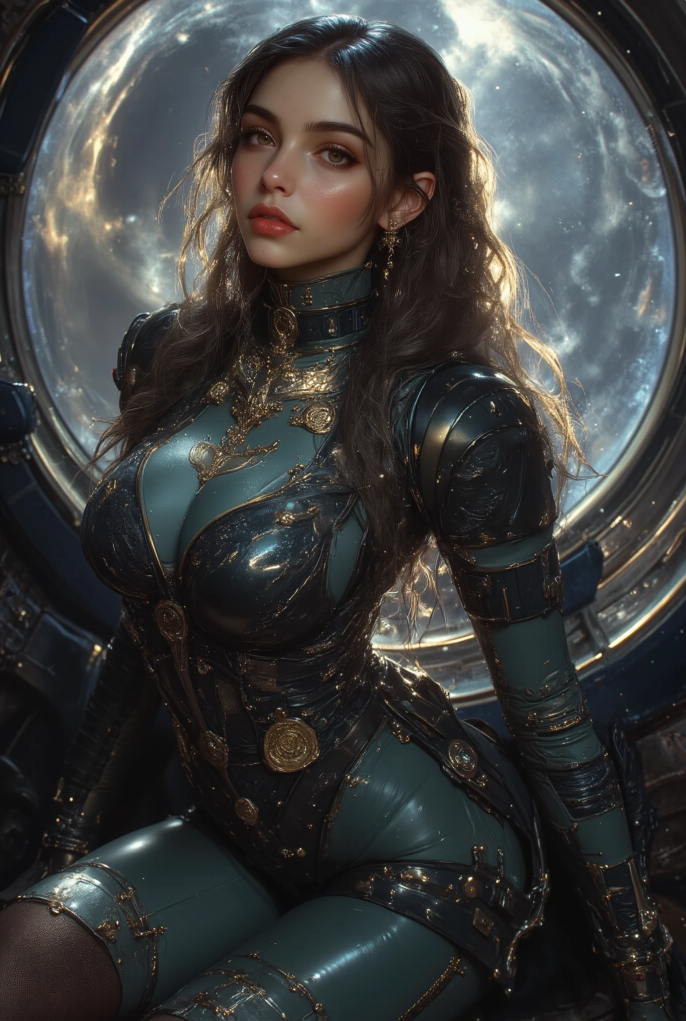Toxic liquid style, (Masterpiece, Best quality, 1girll, Solo), Portrait, Detailed eyes, Sexy, cleavage, (Huge breasts:1.5), Very long yellow hair, Fitness, space suit, Red eyes, blue splashes,cyber punk perssonage,Space on the background,