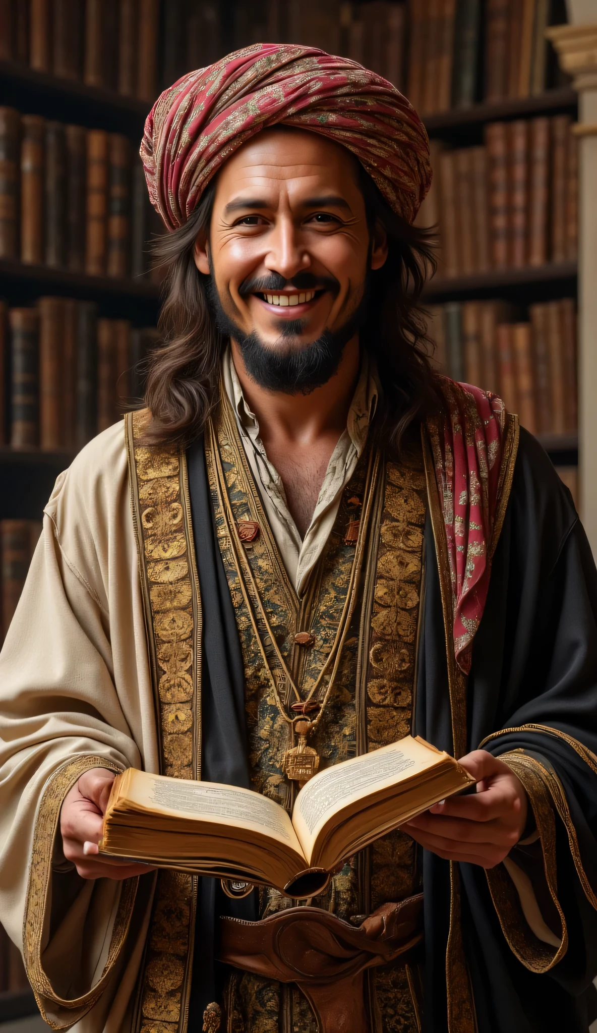 **Prompt:** Create a hyperrealistic digital artwork depicting an ancient Arabic philosopher in a medieval library, exuding a vibe of genius and wisdom. He is holding an ancient manuscript, with intricate details showcasing the aged texture of the book. The scene is captured with a wide-angle perspective, highlighting the stunning architecture of the manuscript library in the background. Focus on the philosopher’s smiling handsome face, blending features reminiscent of notable actors like Johnny Depp, Hugh Jackman, and Nicolas Cage, while maintaining his Arab identity. He is dressed in a beautifully intricate prehistoric Arab outfit, complete with a traditional turban, symbolizing his rich cultural heritage. Emphasize balanced composition, using advanced rendering techniques to achieve ultra-realistic textures and depth, ensuring every detail is captured as if in a RAW photo. Aim for a photorealistic representation that reflects the beauty of antiquity with the best quality and depth of field, ready to be showcased on platforms like CGSociety and DeviantArt.