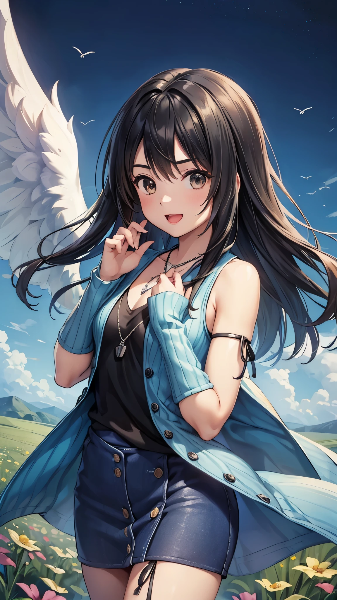 (masterpiece, High Resolution, Top Quality, Top Quality),Anatomically Correct Body,Rinoa,arm warmers, necklace, sleeveless coat, black shirt, blue skirt, arm ribon,Angel Wings,Flower Field,:d,face focus,face shot:1.3