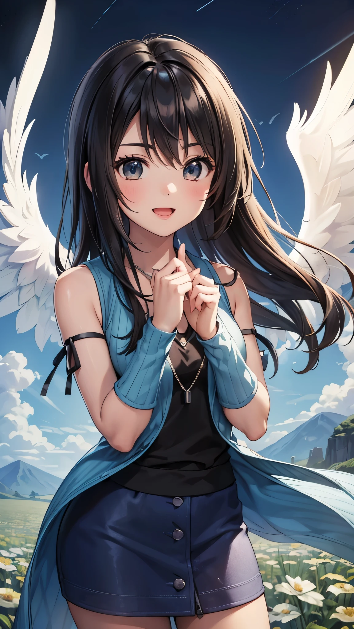 (masterpiece, High Resolution, Top Quality, Top Quality),Anatomically Correct Body,Rinoa,arm warmers, necklace, sleeveless coat, black shirt, blue skirt, arm ribon,Angel Wings,Flower Field,:d,face focus,face shot:1.3
