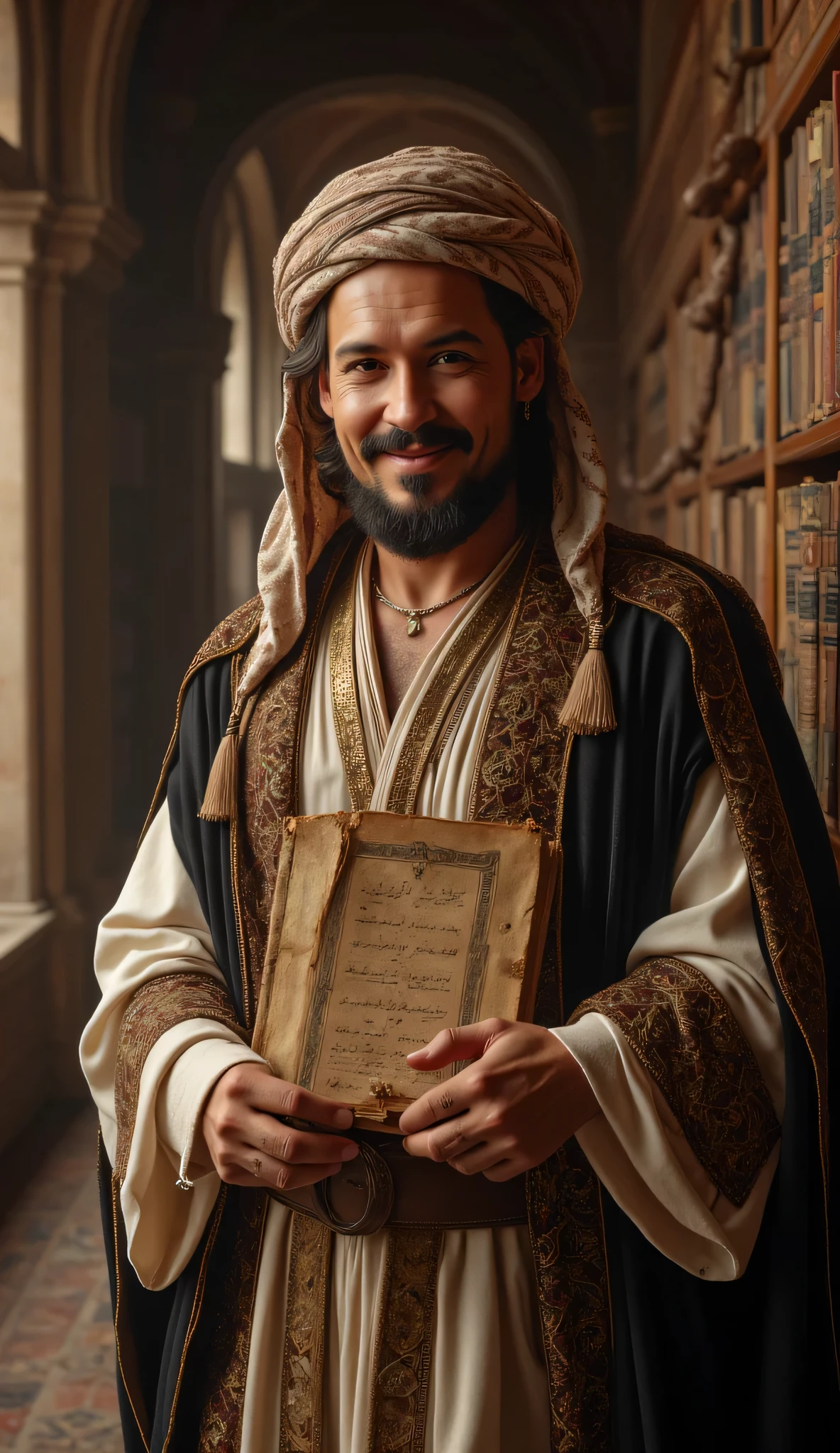 **Prompt:**     Create a hyperrealistic digital artwork depicting an ancient Arabic philosopher in a medieval library, exuding a vibe of genius and wisdom. He is holding an ancient manuscript, with intricate details showcasing the aged texture of the book. The scene is captured with a wide-angle perspective, highlighting the stunning architecture of the manuscript library in the background. Focus on the philosopher’s smiling handsome face, blending features reminiscent of notable actors like Johnny Depp, Hugh Jackman, and Nicolas Cage, while maintaining his Arab identity. He is dressed in a beautifully intricate prehistoric Arab outfit, complete with a traditional turban, symbolizing his rich cultural heritage. Emphasize balanced composition, using advanced rendering techniques to achieve ultra-realistic textures and depth, ensuring every detail is captured as if in a RAW photo. Aim for a photorealistic representation that reflects the beauty of antiquity with the best quality and depth of field, ready to be showcased on platforms like CGSociety and DeviantArt.