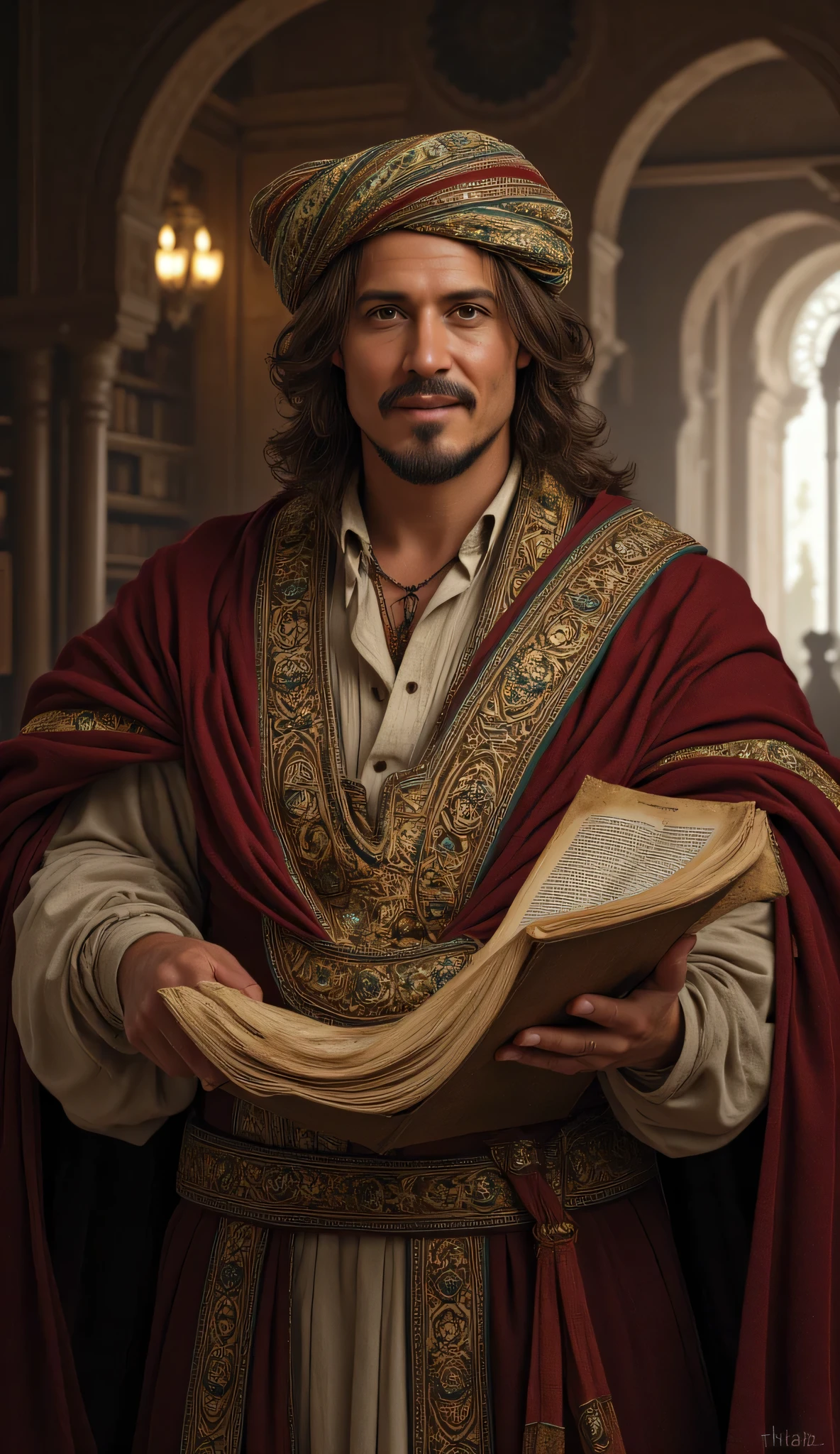 **Prompt:** Create a hyperrealistic digital artwork depicting an ancient Arabic philosopher in a medieval library, exuding a vibe of genius and wisdom. He is holding an ancient manuscript, with intricate details showcasing the aged texture of the book. The scene is captured with a wide-angle perspective, highlighting the stunning architecture of the manuscript library in the background. Focus on the philosopher’s smiling handsome face, blending features reminiscent of notable actors like Johnny Depp, Hugh Jackman, and Nicolas Cage, while maintaining his Arab identity. He is dressed in a beautifully intricate prehistoric Arab outfit, complete with a traditional turban, symbolizing his rich cultural heritage. Emphasize balanced composition, using advanced rendering techniques to achieve ultra-realistic textures and depth, ensuring every detail is captured as if in a RAW photo. Aim for a photorealistic representation that reflects the beauty of antiquity with the best quality and depth of field, ready to be showcased on platforms like CGSociety and DeviantArt.