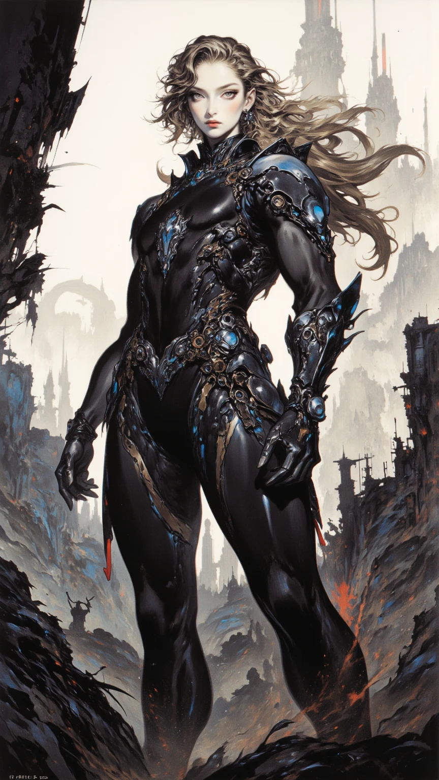 Witchblade Style, 1girl, solo, long hair, brown hair, white background, cleavage, very long hair, yellow eyes, boots, armor, shoulder armor, clenched hand, colored sclera, pauldrons, black sclera, armor
