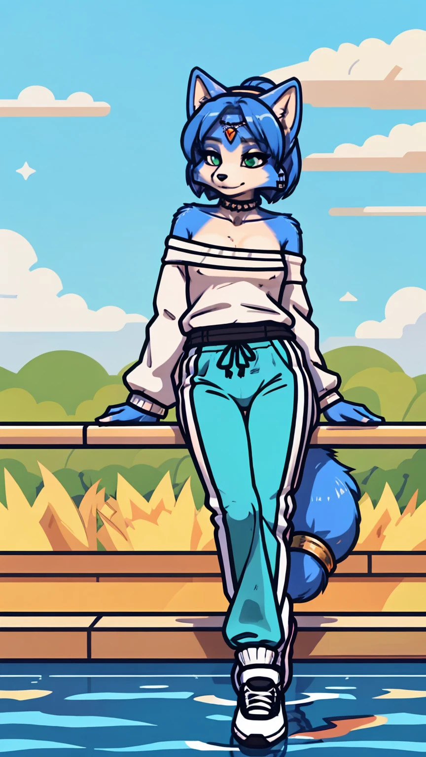 by kenket, by totesfleisch8, (by thebigslick), (by syuro:0.2), chee-riee, gardevoir, simple background, blue hair, colored skin, white skin, outdoors, grass, upper body, smile, blush, black shirt, standing, sky, day,