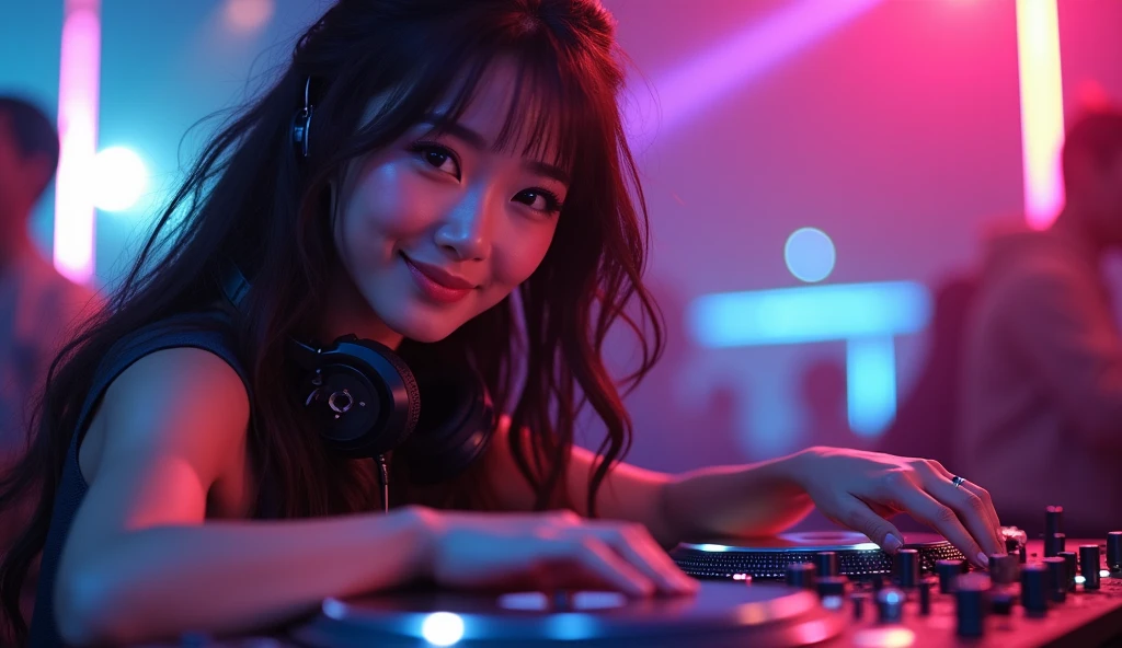(ultra - detailed, 16K resolution, Cinema lenses, rendering by octane), (high resolution:1.18), intricate detail, (masterpiece:1.1), (highest quality:1.1),1 chinese-Indonesian girl, shy, medium portrait, watery eyes, wearing red kebaya, well-proportioned body, chubby massive thighs, hena art the face, Wearing DJ headphones, Smile while DJing on stage, The spotlight shines on the female DJ. DJ Controller with Neon, Super vibrant music lights, (cute round face:1.3), perfect fingers, five fingers, beautiful hands, perfect hands. master peace, cute smile.