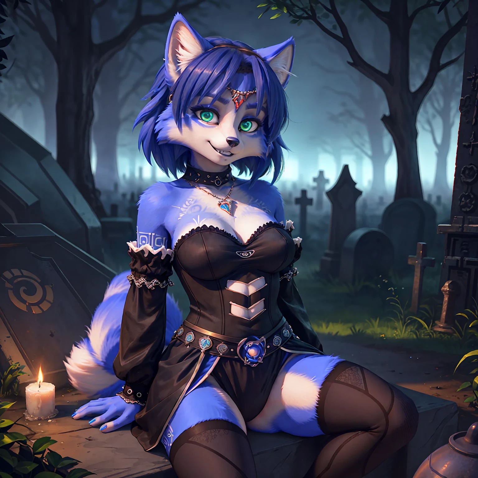 A beautiful and detailed (cute portrait) wa ((krystal)), Star Fox krystal, sslim, lovable, green eyes, medium breasts, (((Long blue hair 1.3))), Decollete, anthro, furry, Uploaded E621, detailed fluffy fur, (wa Fluff-Kevlar, Bayard Wu, Pino Daeni), detailed face, (fluffy), 1 girl, alone, sweet girl, hole body, wichgirl, driven body, Magic girl, Cemetery landscape, Skeleton hands protrude from the ground and reach, Vampire dress