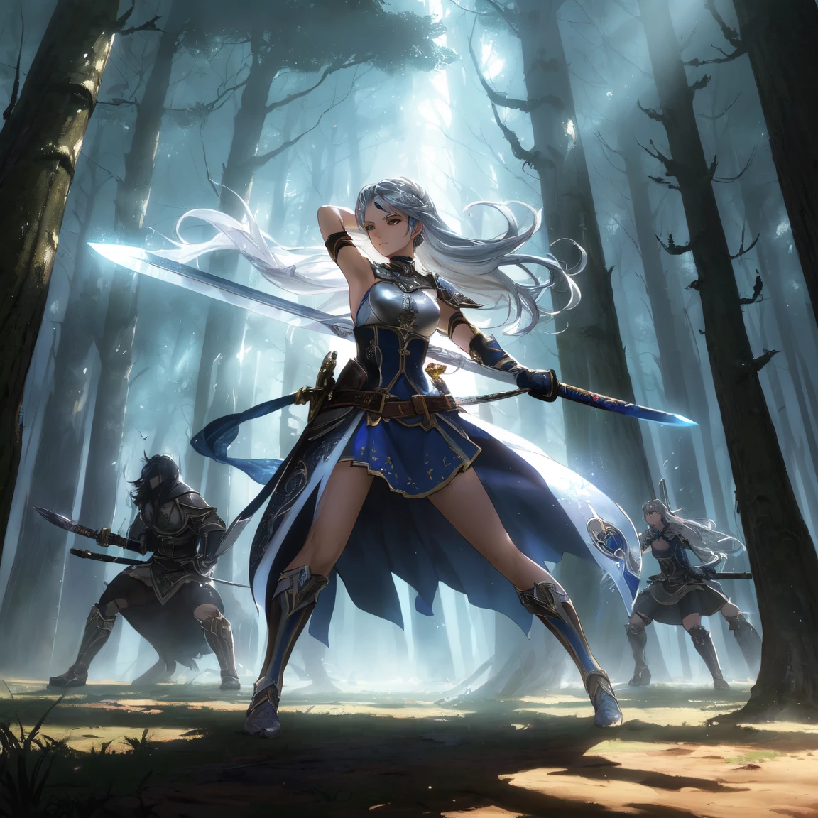 Serious face、Longhaire、silber hair、Warrior armor、Full-body figure、Fighting figure、In a fantastic forest、Holding a sword in his left hand、squatting