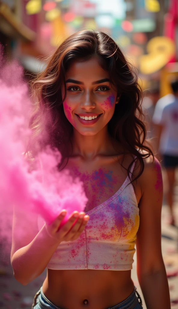 beautiful woman playing holi, surrounded by vibrant colors.