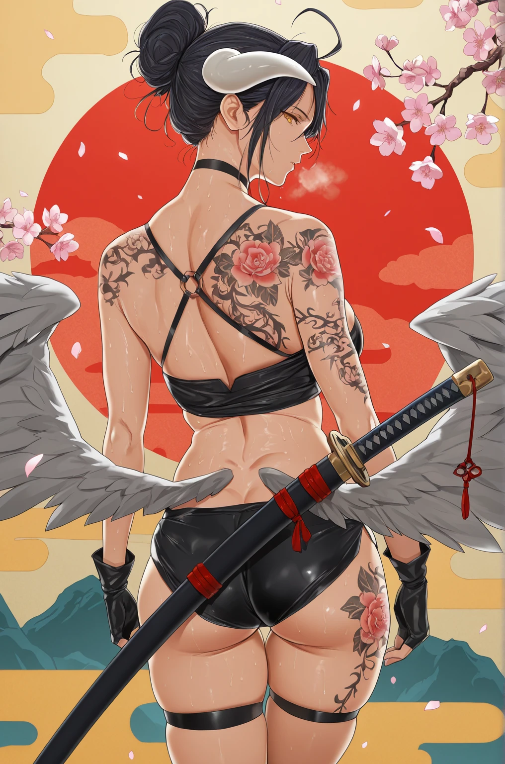 (marumoru-style:1.2), (yd \(orange maru\)-style:1.4), manhwa, anime coloring, anime screencap, anime-style detailed background, vignetting, masterpiece, high quality, absurdres, best quality, very aesthetic, newest, dynamic composition, anatomical correct, HD, 4K, digital art, trending on ArtStation, perfect body, perfect eyes, perfect fingers, gasping, heavy breathing, excessive sweating, sweating, sweating profusely, gasping profusely, cinematic, ((skindentation)), ((curvy)), albedo \(overlord\), black hair, low wings, long hair, demon horns, slit pupils, yellow eyes, mature female, bright pupils, ((flabby stomach)), plump, 1girl, tattoo, back_tattoo, weapon, sword, solo, east_asian_architecture, ass, gloves, architecture, arm_tattoo, katana, flower, sheath, from_behind, fingerless_gloves, choker, cherry_blossoms, leg_tattoo, sheathed, looking_back, thigh_strap, bare_shoulders, shorts, shoulder_tattoo, flower_tattoo