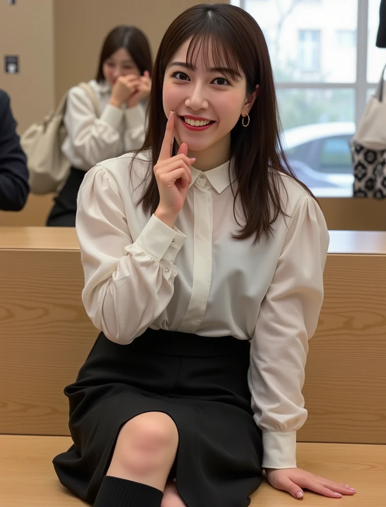 masutepiece, Best Quality, hight resolution, 1girl in, Japanese,(close up:1.2),Smile, tareme,from the rear, Skirt suit, Walking hand in hand,Reaching out, Office、top-quality,Photorealsitic,8K,hight resolution,1girl in,femele,realisitic,realisitic,(moderately sized udder:1.1)s Office,((The upper body must only wear a suit jacket)),((Panty underwear in the crotch area is visible)),(Boldly wind up the mini cart),At work,((Sit at a desk and open your legs wide:1.3)),(Pubic hair showing through),Bend your knees and open your legs,Stockings,