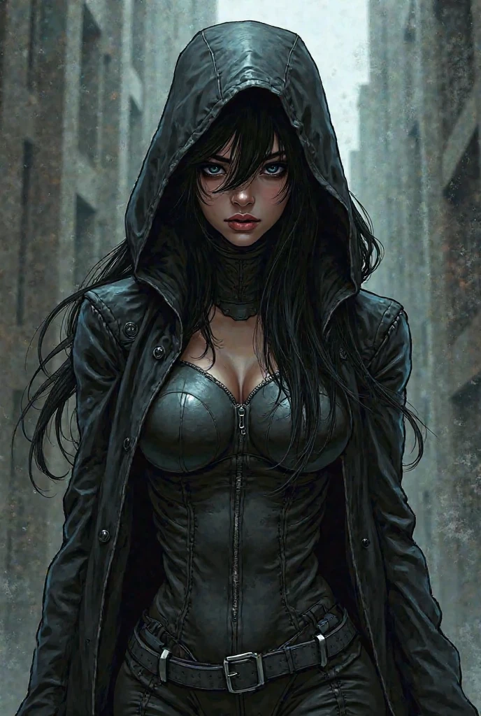 A young woman with a fierce and determined expression, wearing a long black coat and stylish black boots. She has tousled hair and an intense gaze, embodying a dystopian, edgy, and powerful aesthetic. The background is dark and moody, with a hint of futuristic elements, reflecting the intense and dramatic atmosphere